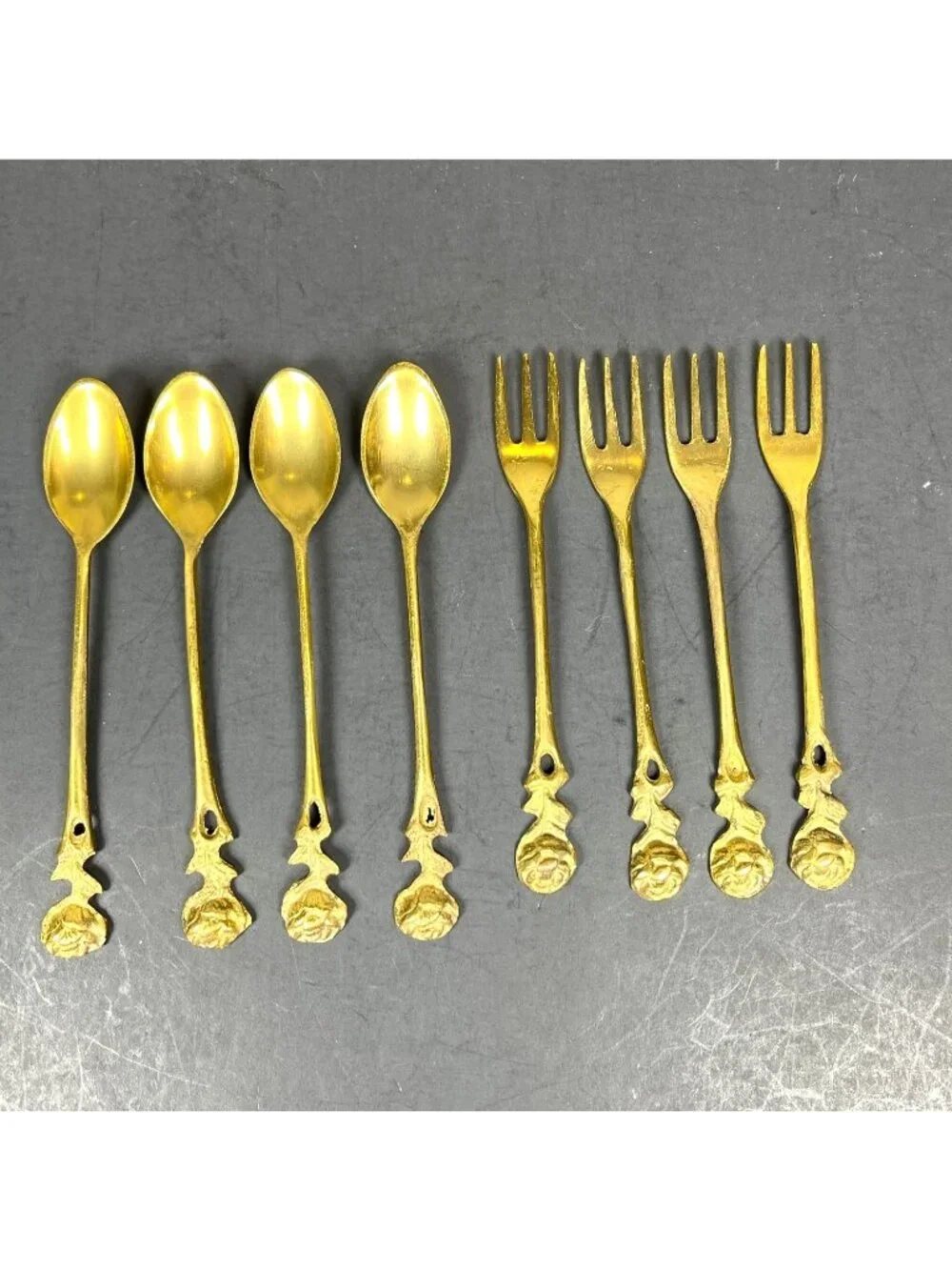 Vintage Gold Color Rose Handle Demitasse Coffee Spoon Dessert Salad Fork 8 pc
